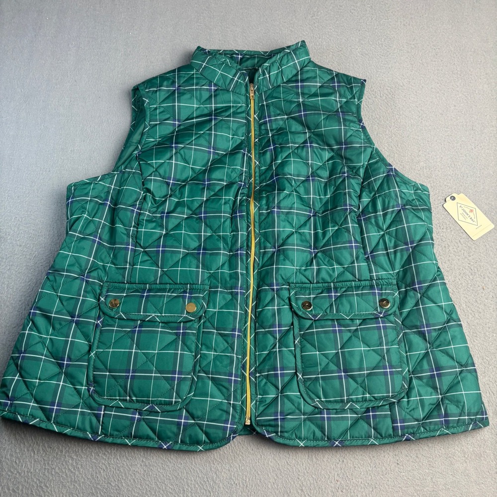 St Johns Bay Women 1X Green Vixen Plaid Quilted Vest Full Zip Pockets NWT